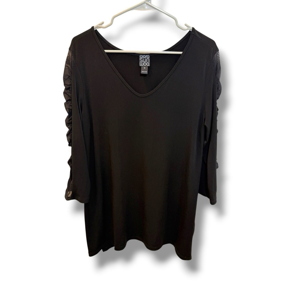Clara Sunwoo Tunic Top Womens 1X Black Ruched Mesh Sleeve V Neck Stretch USA